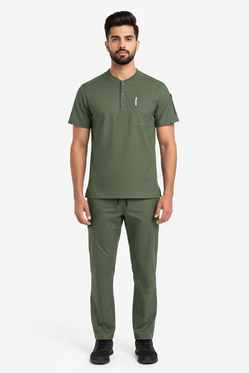 Men’s 2-Pocket Henley Scrub Set – Polyester Spandex Stretch